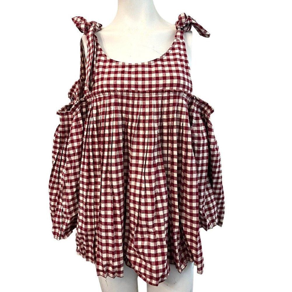 NWT Doe & Rae Small Red White Checked Cold Shoulder Top Bell Sleeves Smock NWT